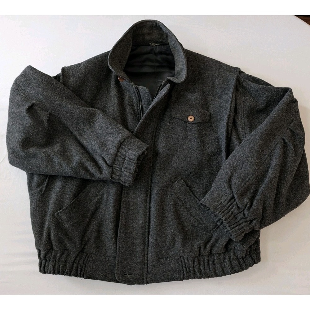 Vtg Stratojac Pure New Wool Bomber Jacket Mens Med Charcoal Gray Leather Collar